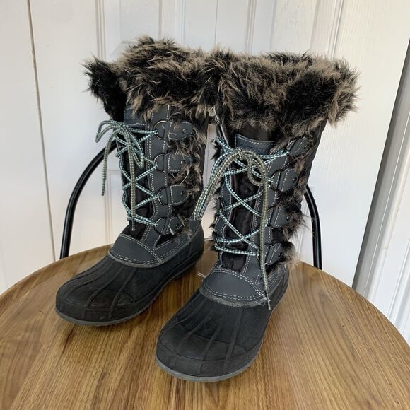Women Lace Up Black Fur Trim Lined Winter Snow Boots Size 6 M Gray Khombu - Picture 16 of 16